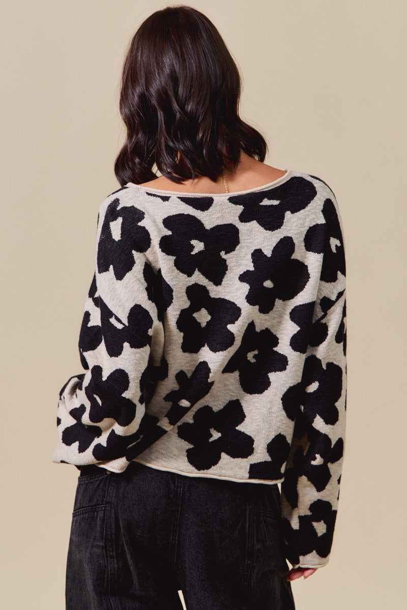 Shiloh Loose Fit Flower Sweater, Black/Oatmeal