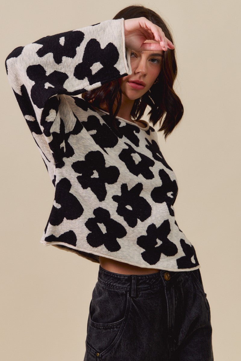 Shiloh Loose Fit Flower Sweater, Black/Oatmeal
