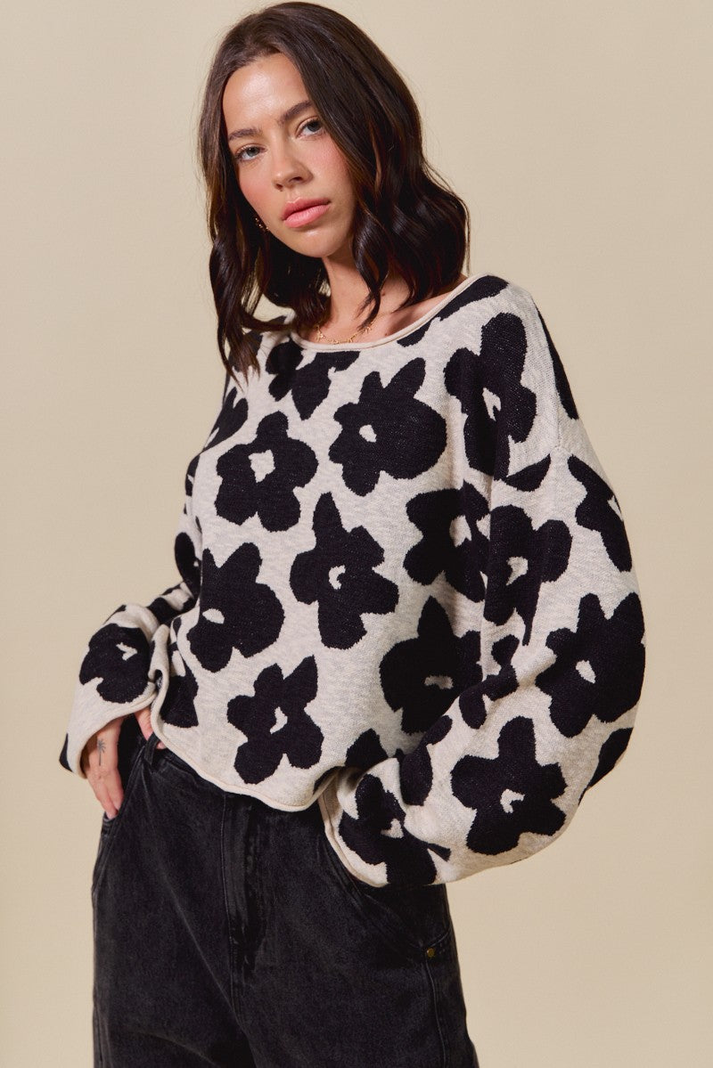 Shiloh Loose Fit Flower Sweater, Black/Oatmeal