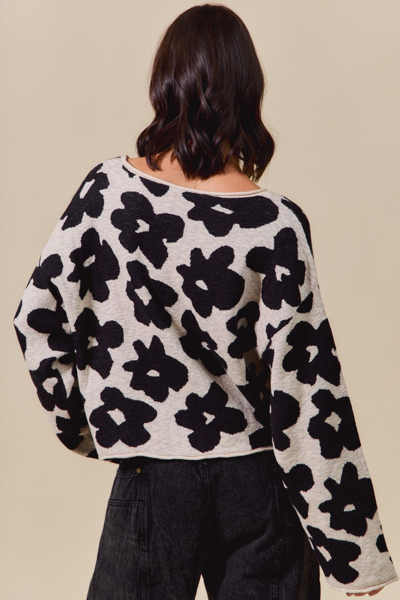 Shiloh Loose Fit Flower Sweater, Black/Oatmeal