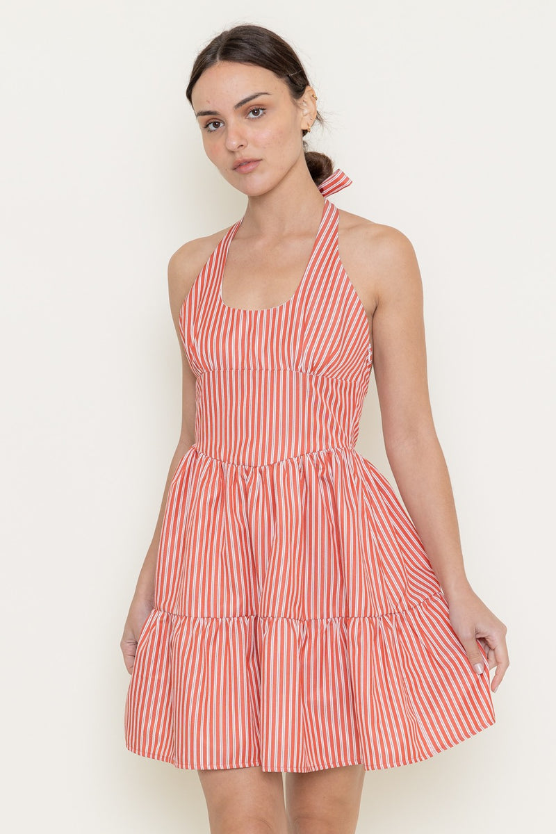 Marlie Halter Tie Neck Striped Dress, White/Red