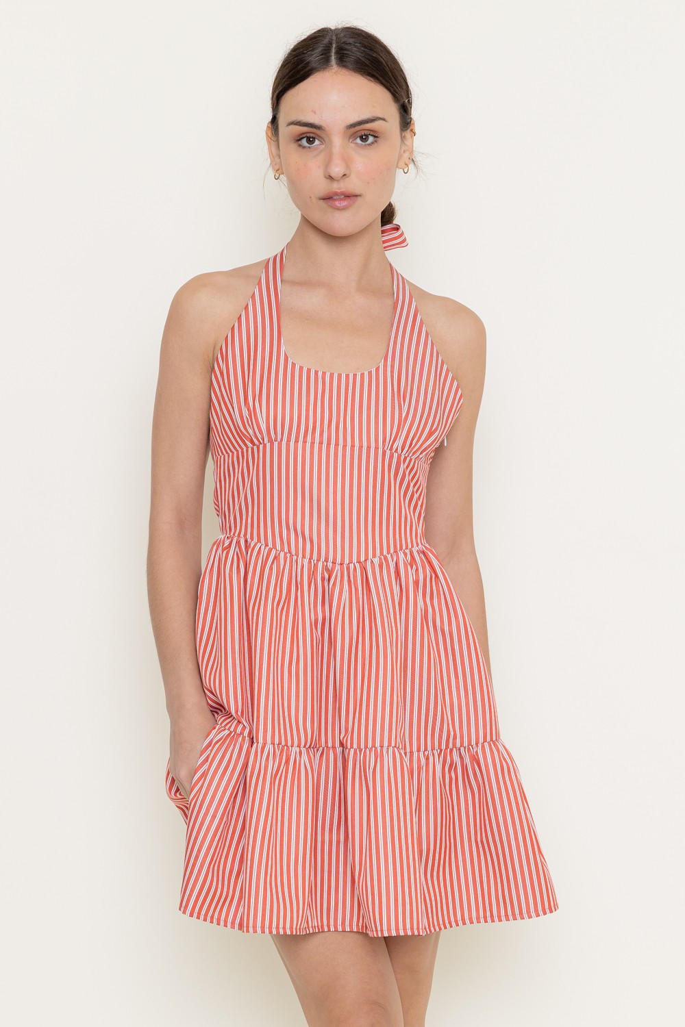 Marlie Halter Tie Neck Striped Dress, White/Red L / White/Red