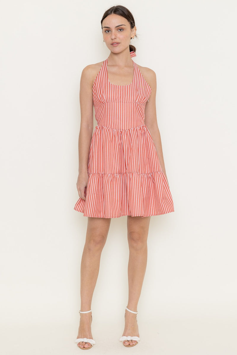 Marlie Halter Tie Neck Striped Dress, White/Red