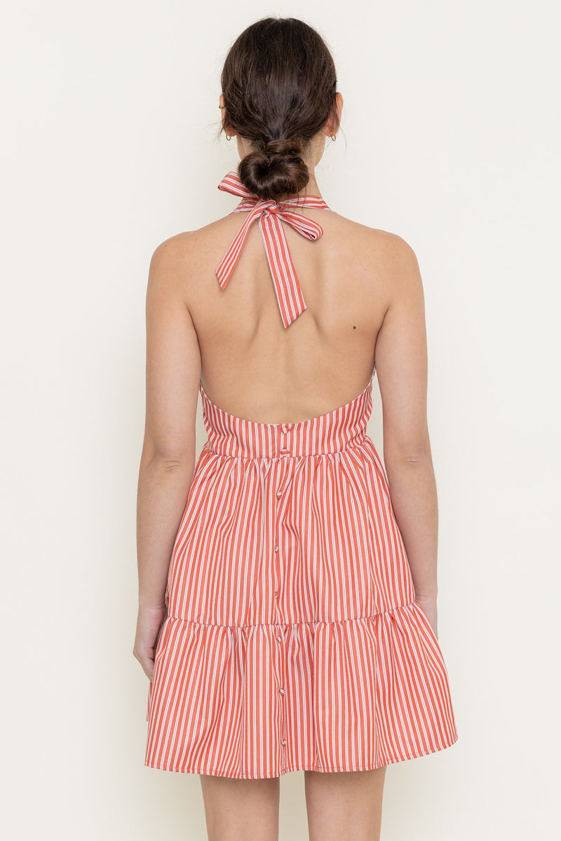 Marlie Halter Tie Neck Striped Dress, White/Red