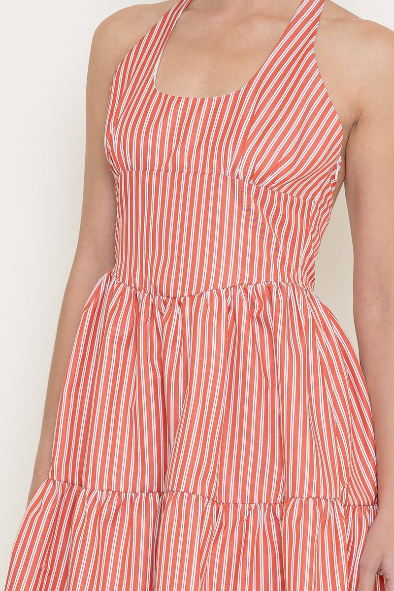 Marlie Halter Tie Neck Striped Dress, White/Red