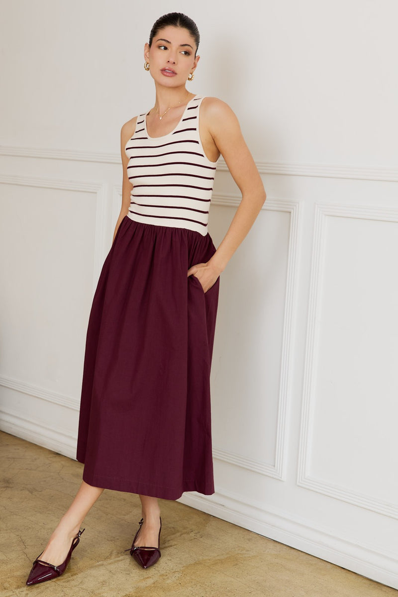 Calista Striped Bodice Mix Media Dress, Cream-Wine Stripe