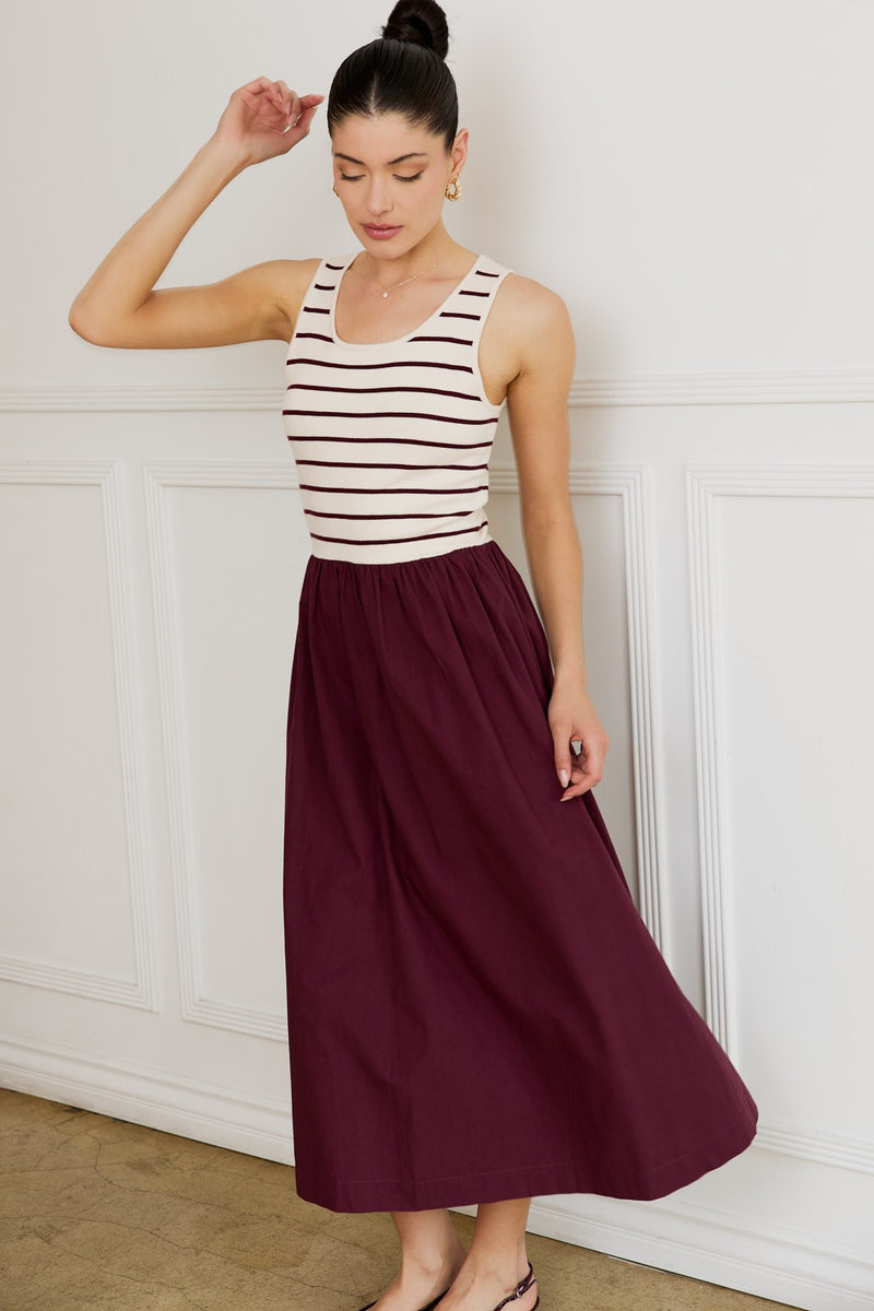 Calista Striped Bodice Mix Media Dress, Cream-Wine Stripe