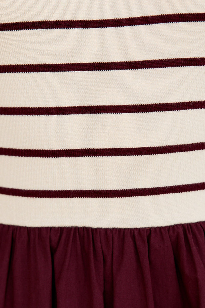 Calista Striped Bodice Mix Media Dress, Cream-Wine Stripe