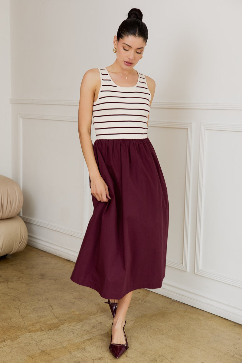 Calista Striped Bodice Mix Media Dress, Cream-Wine Stripe