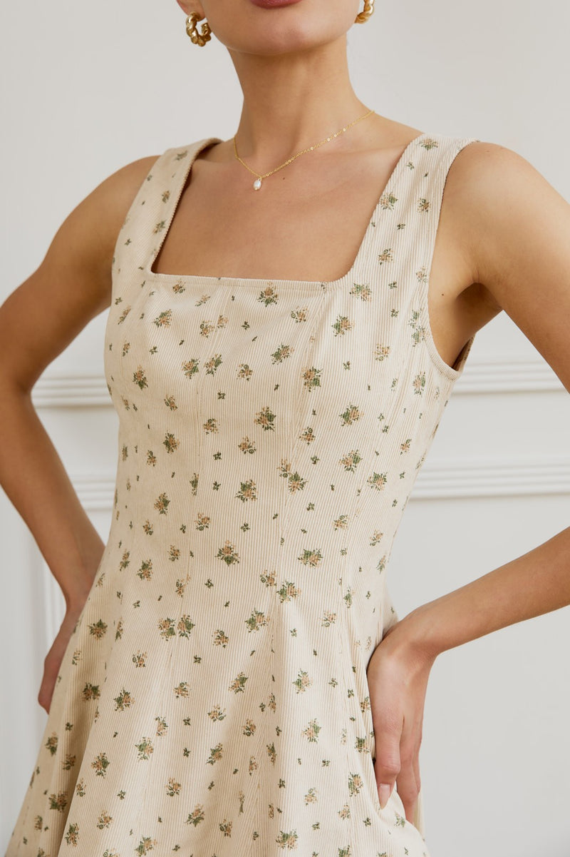 Lucia Square Neck Corduroy Dress, Cream-Taupe Floral