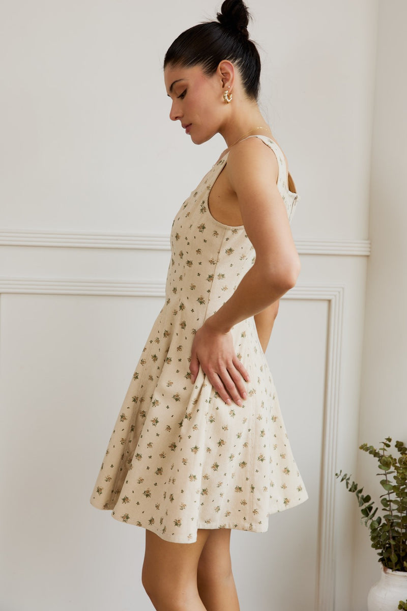 Lucia Square Neck Corduroy Dress, Cream-Taupe Floral