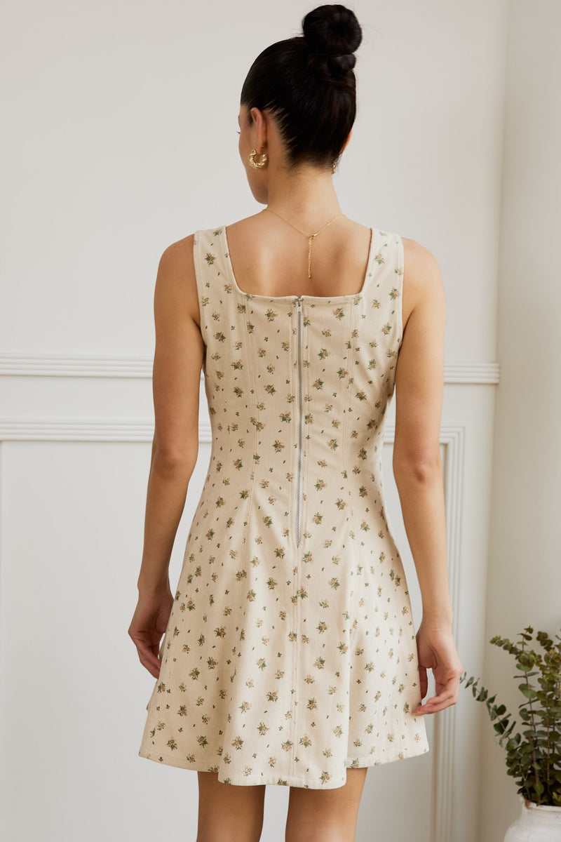 Lucia Square Neck Corduroy Dress, Cream-Taupe Floral
