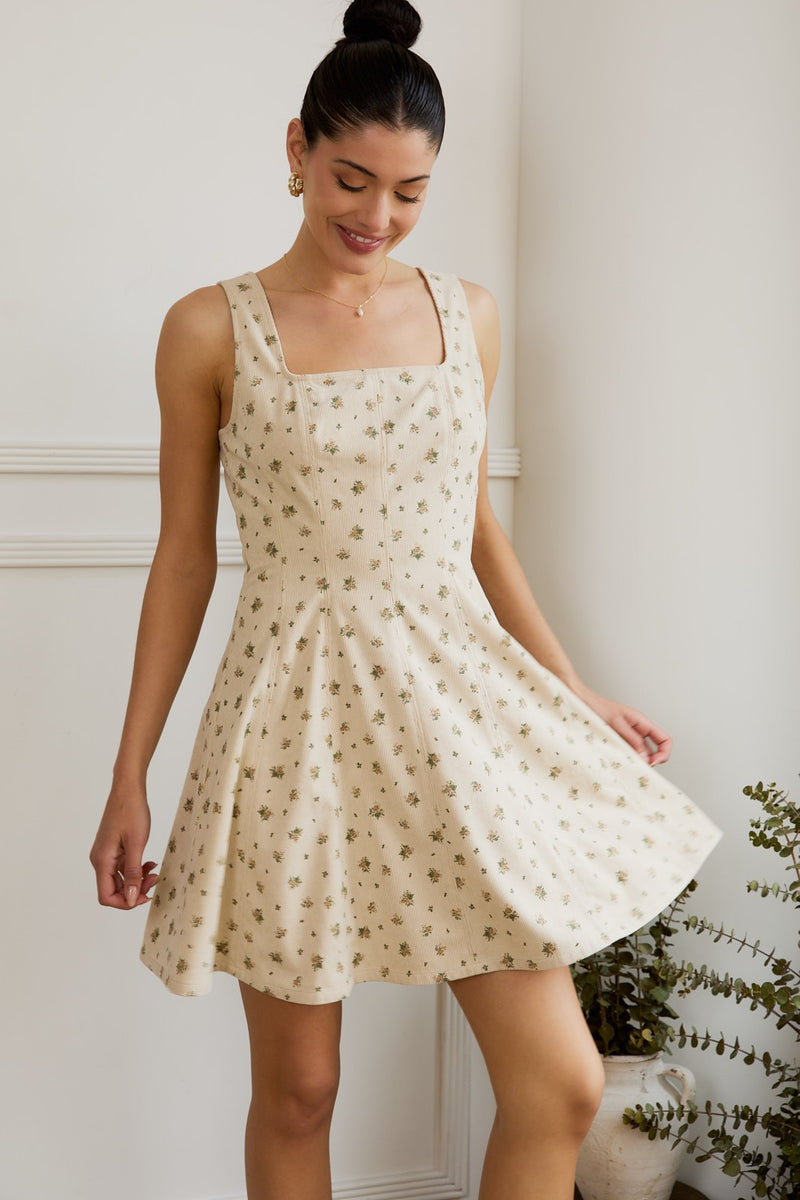 Lucia Square Neck Corduroy Dress, Cream-Taupe Floral