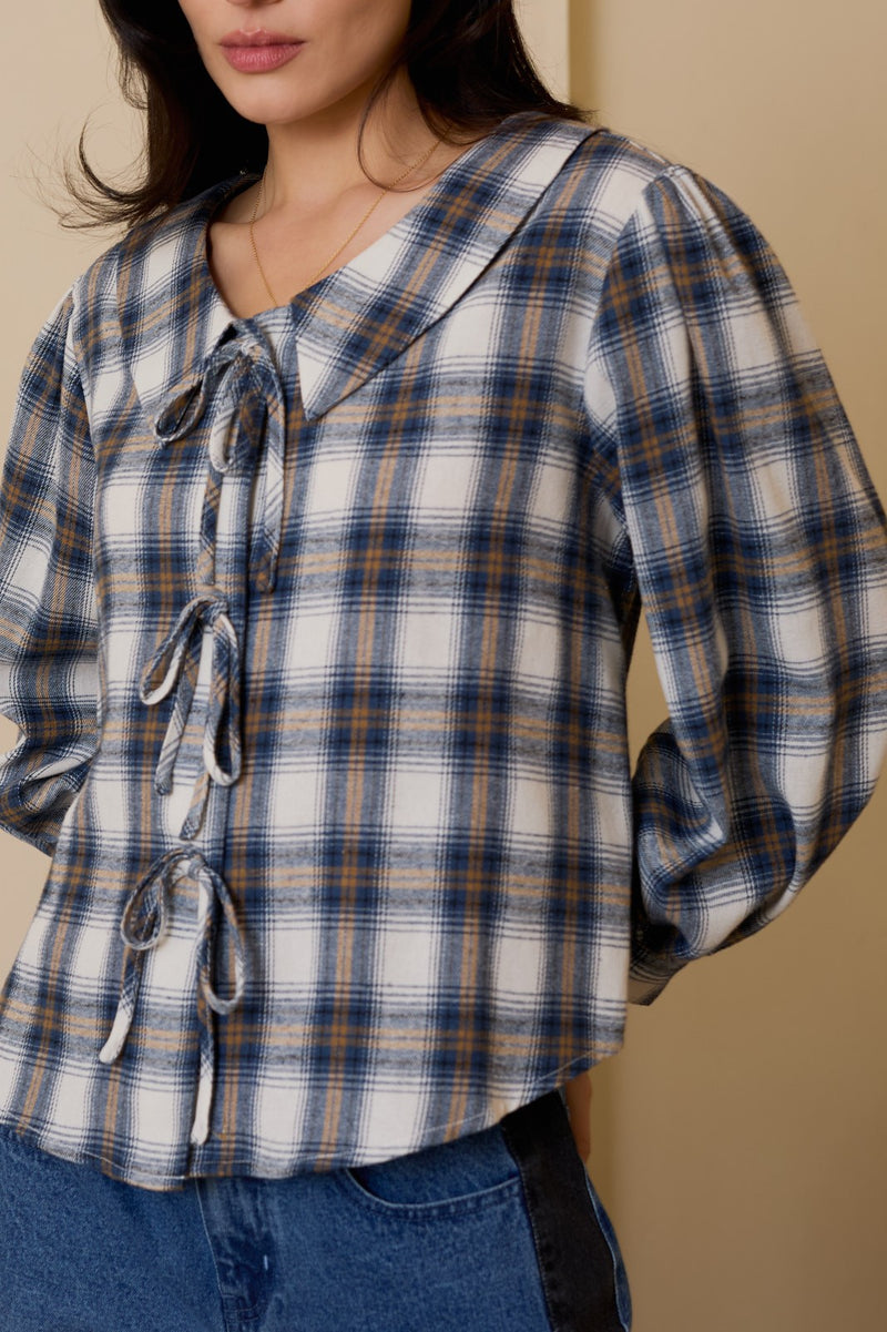 Raelynn Peter Pan Collared Shirt, Cream-Blue Plaid