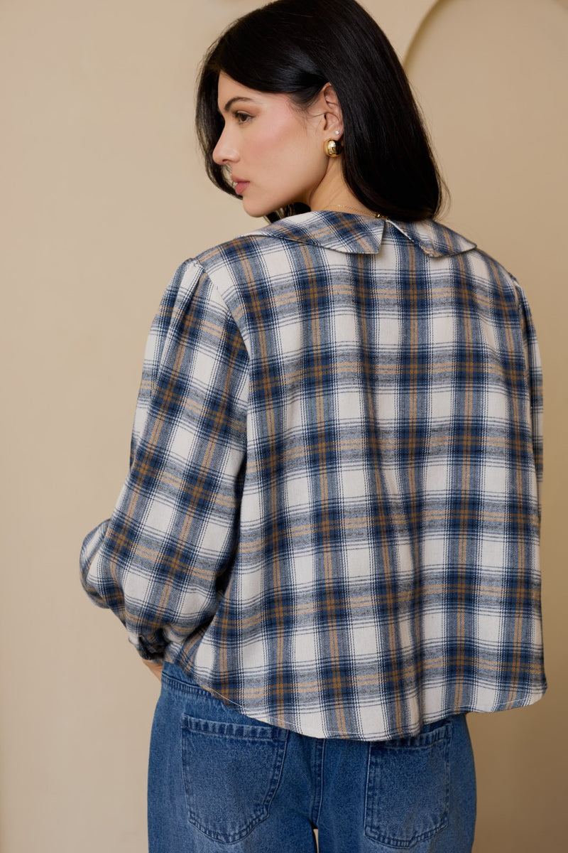 Raelynn Peter Pan Collared Shirt, Cream-Blue Plaid