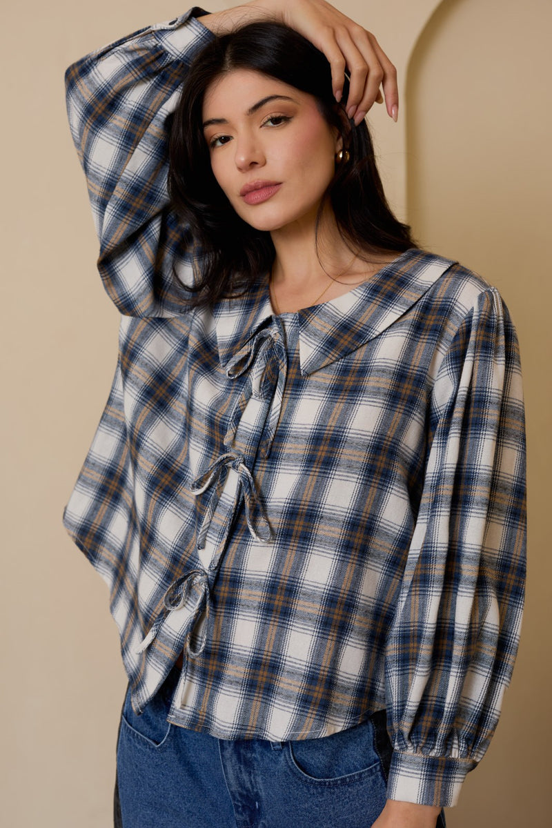 Raelynn Peter Pan Collared Shirt, Cream-Blue Plaid