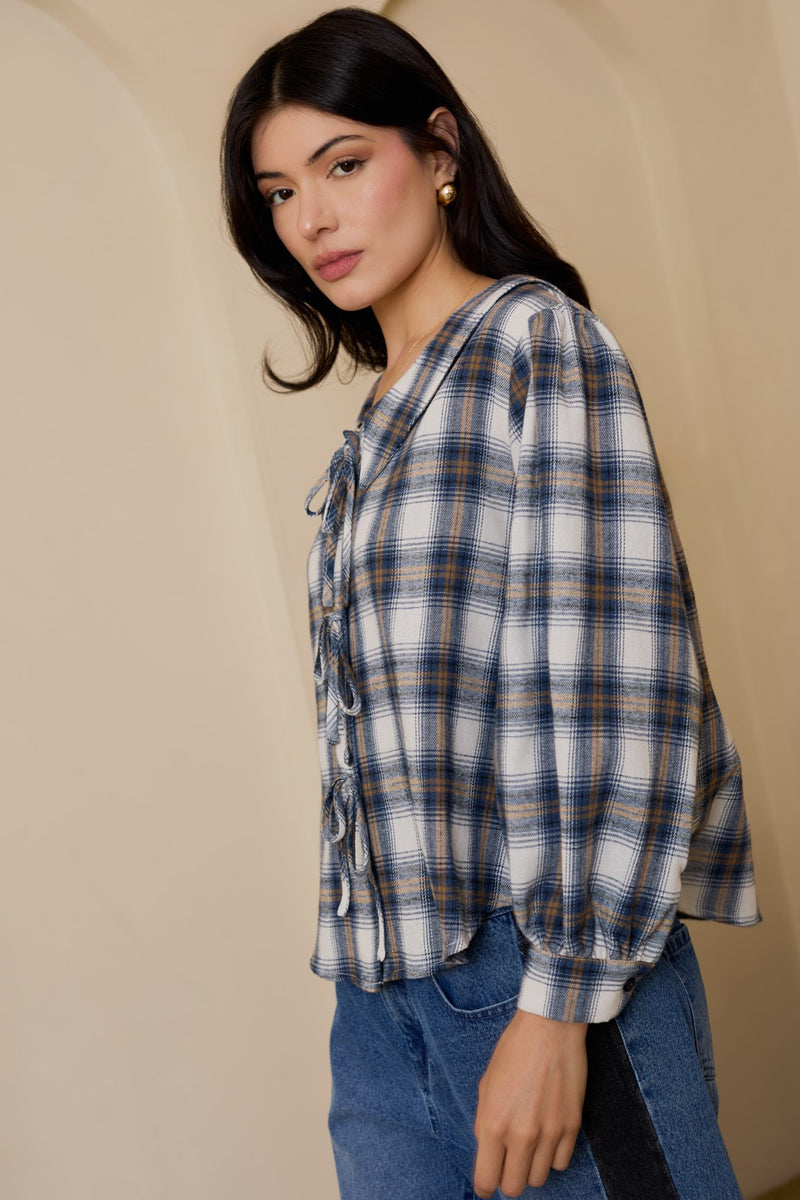 Raelynn Peter Pan Collared Shirt, Cream-Blue Plaid