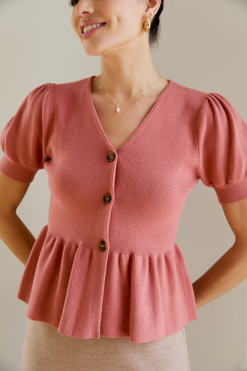Eliza V-Neck Ribbed Peplum Top, Rose