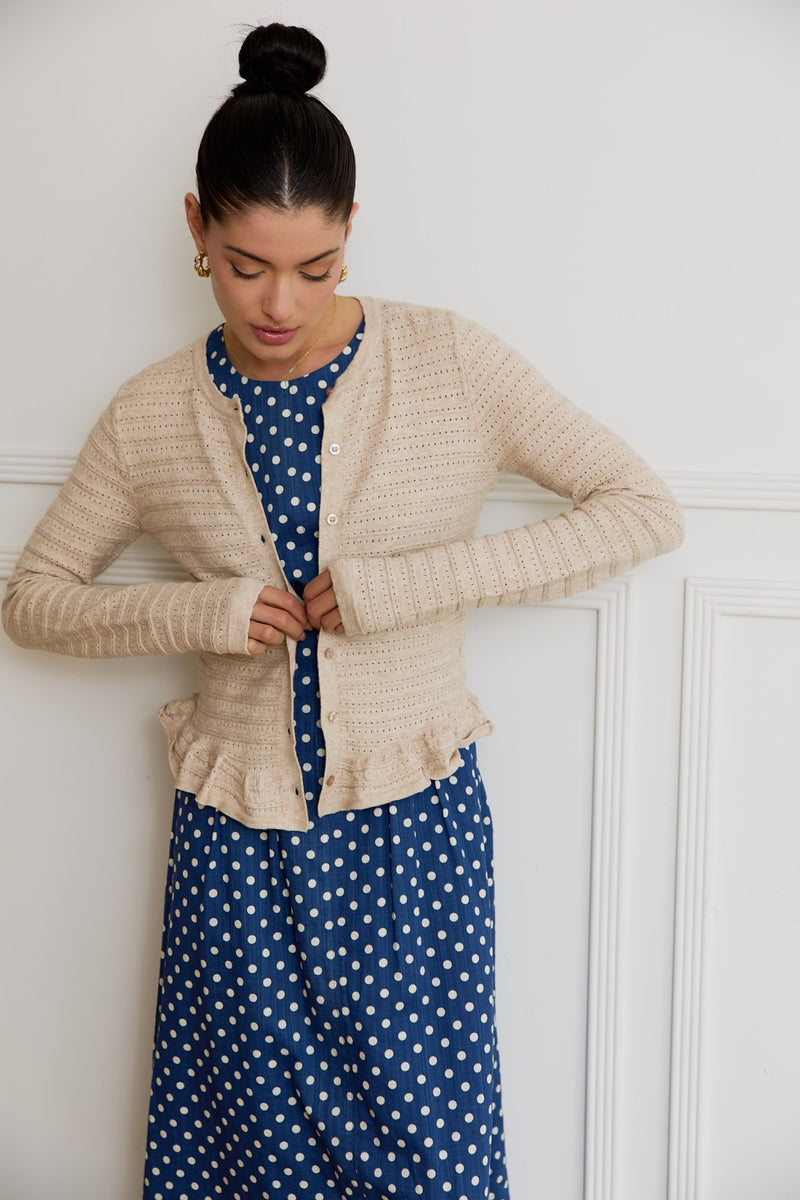 Rylee Pointelle Knit Ruffled Sweater Top, Oatmeal