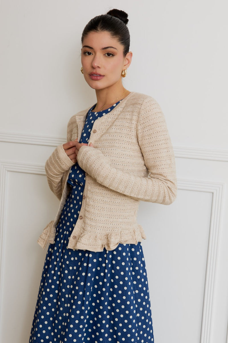 Rylee Pointelle Knit Ruffled Sweater Top, Oatmeal
