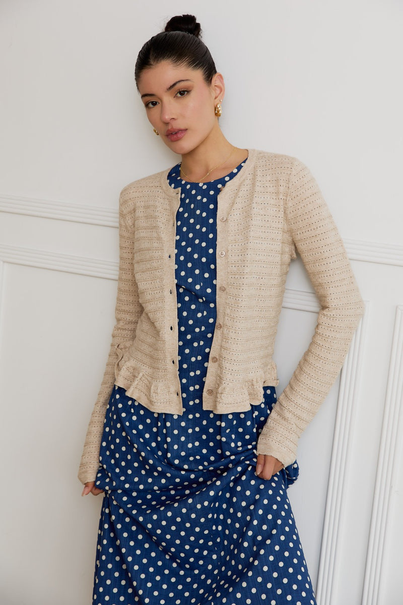 Rylee Pointelle Knit Ruffled Sweater Top, Oatmeal