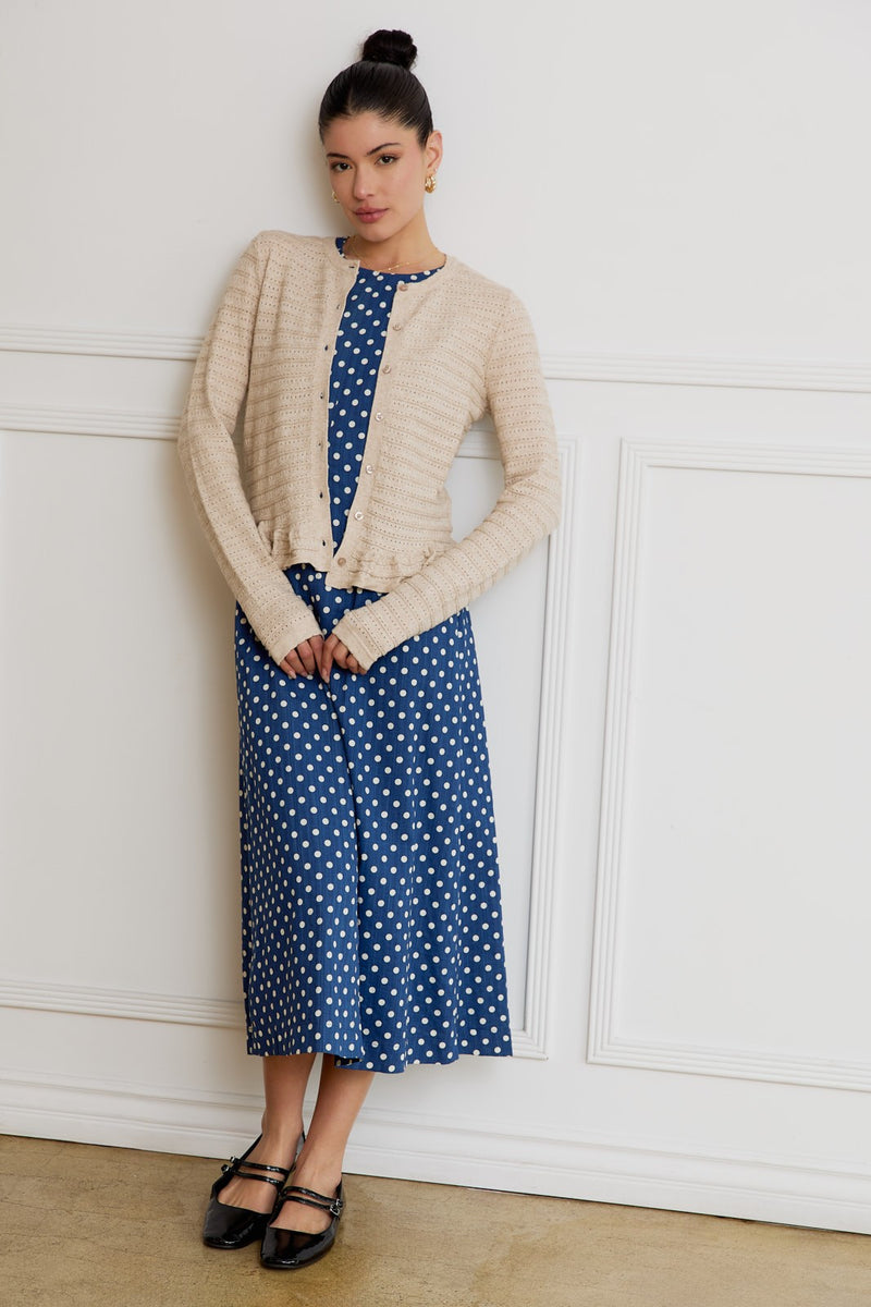 Rylee Pointelle Knit Ruffled Sweater Top, Oatmeal