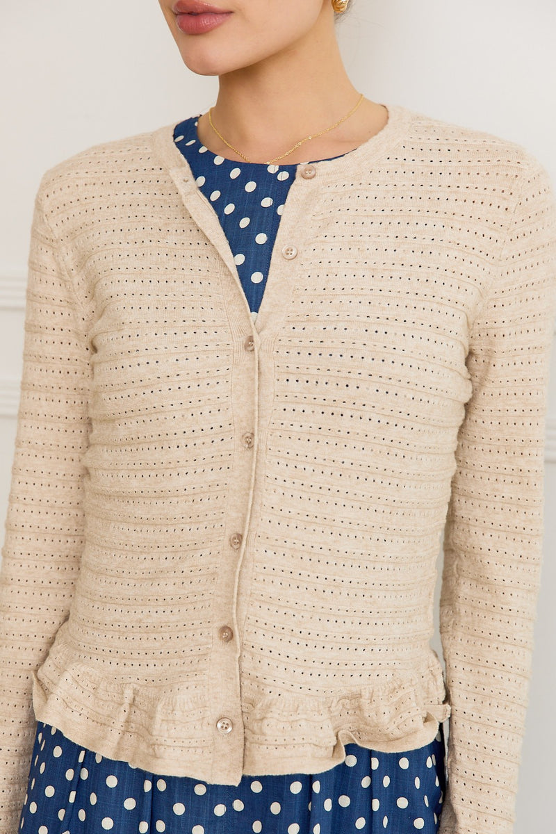 Rylee Pointelle Knit Ruffled Sweater Top, Oatmeal