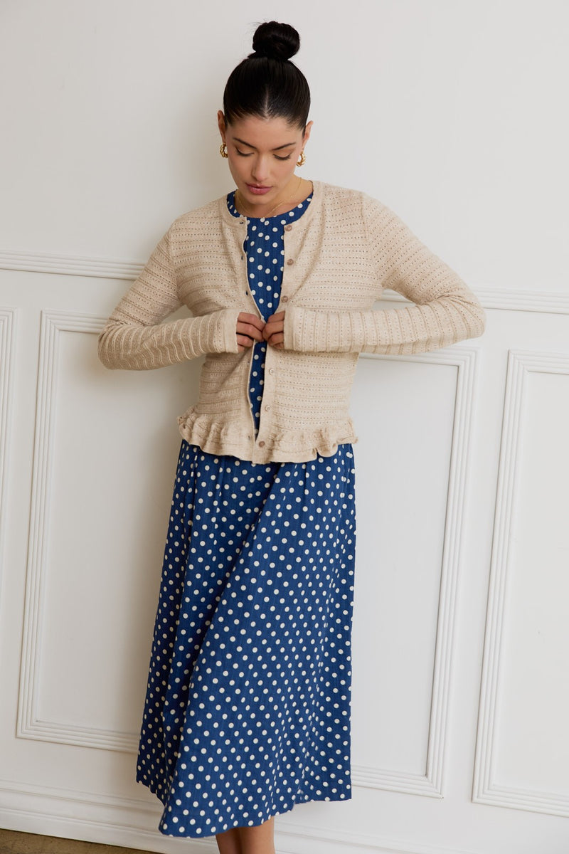 Rylee Pointelle Knit Ruffled Sweater Top, Oatmeal