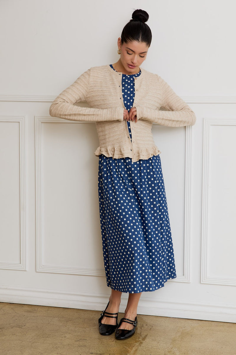 Rylee Pointelle Knit Ruffled Sweater Top, Oatmeal