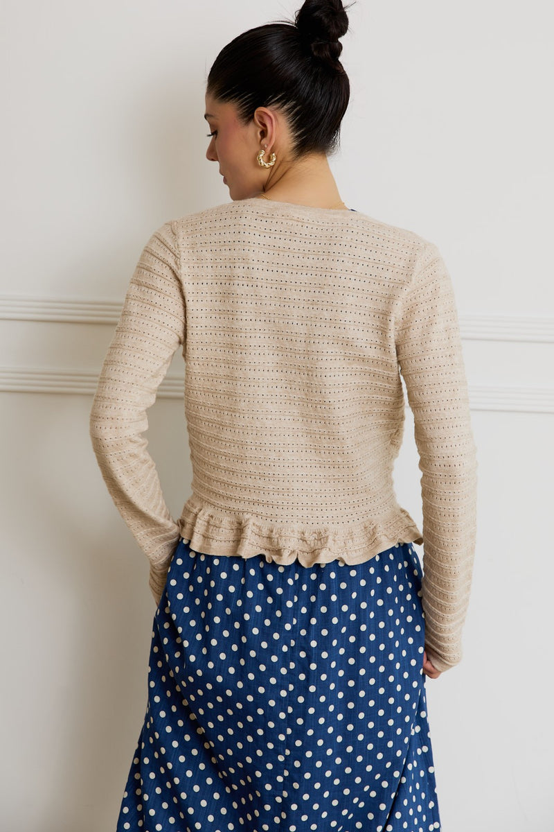 Rylee Pointelle Knit Ruffled Sweater Top, Oatmeal