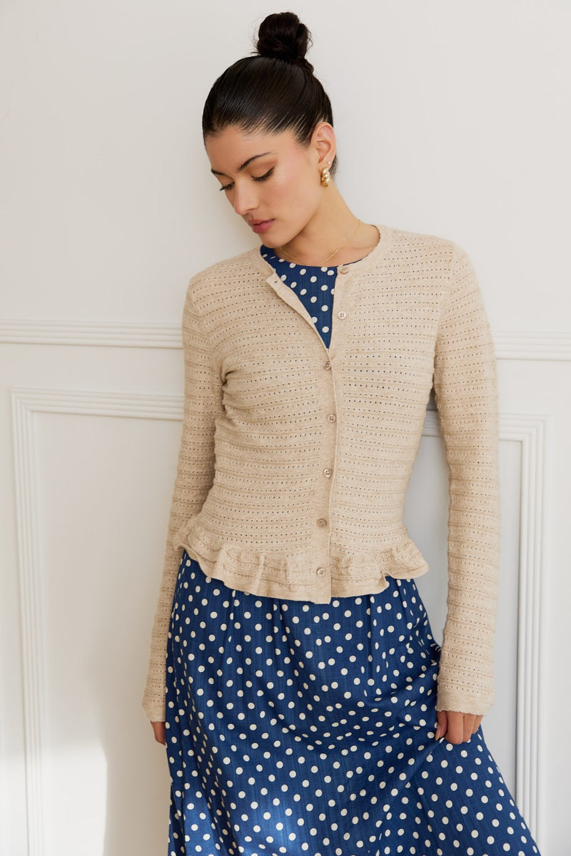 Rylee Pointelle Knit Ruffled Sweater Top, Oatmeal