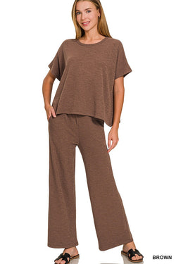 Chloe Short Sleeve Cotton Slub Top, Brown