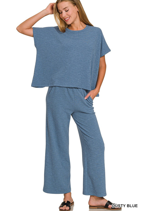 Chloe Short Sleeve Cotton Slub Top, Dusty Blue