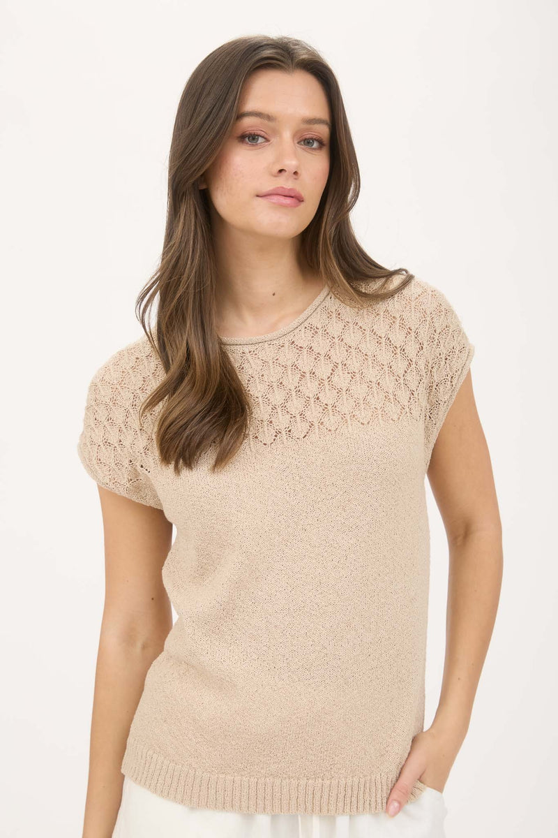 Ruby Eyelet Yoke Sweater Top, Light Khaki