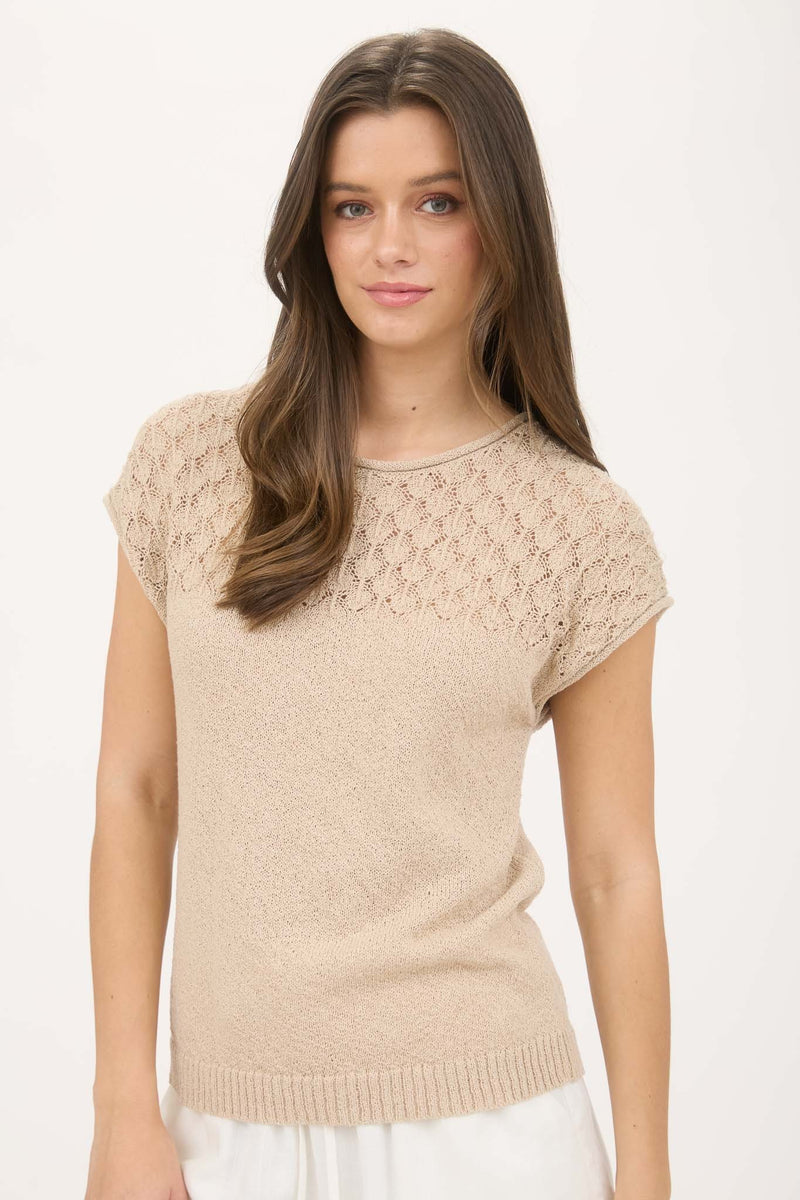 Ruby Eyelet Yoke Sweater Top, Light Khaki