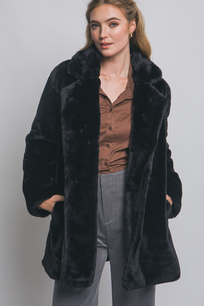 Ayla Faux Fur Collared Long Coat, Black