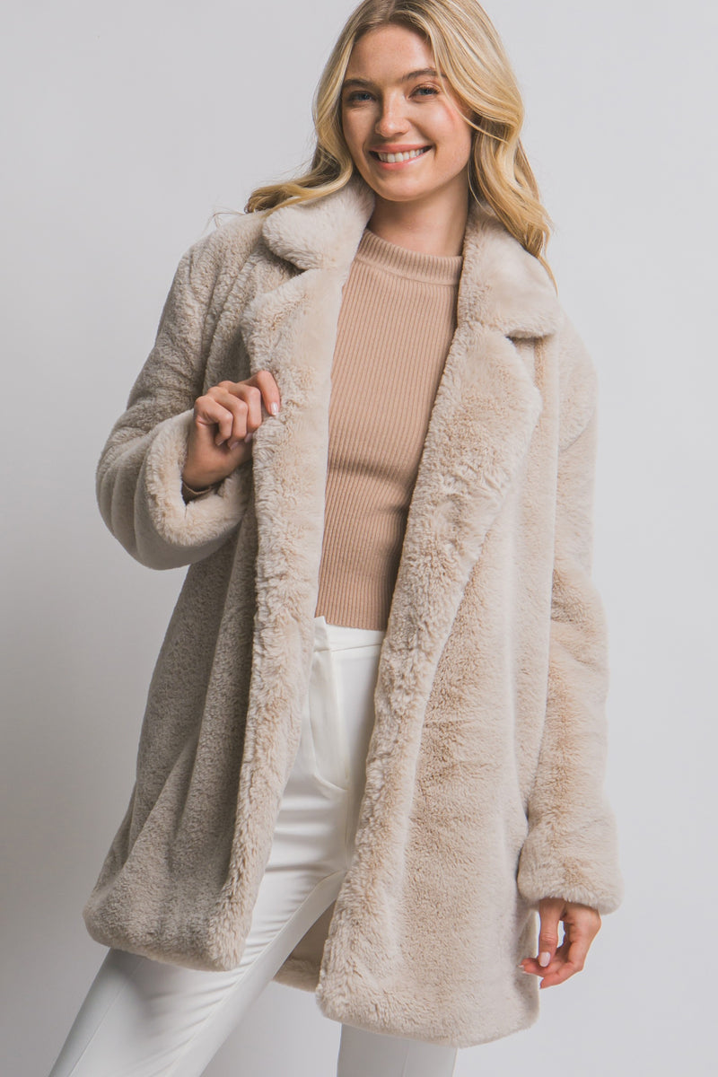 Ayla Faux Fur Collared Long Coat, Tan