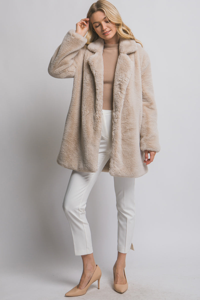 Ayla Faux Fur Collared Long Coat, Tan