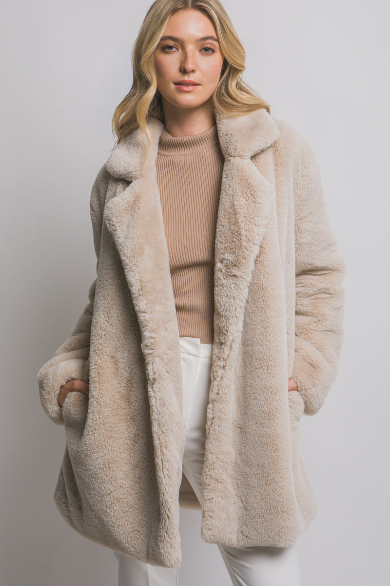 Ayla Faux Fur Collared Long Coat, Tan
