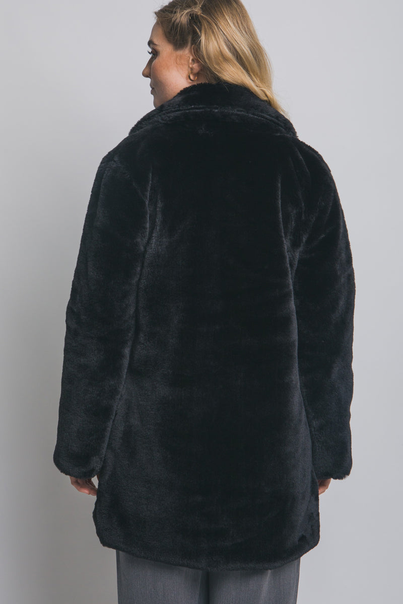 Ayla Faux Fur Collared Long Coat, Black