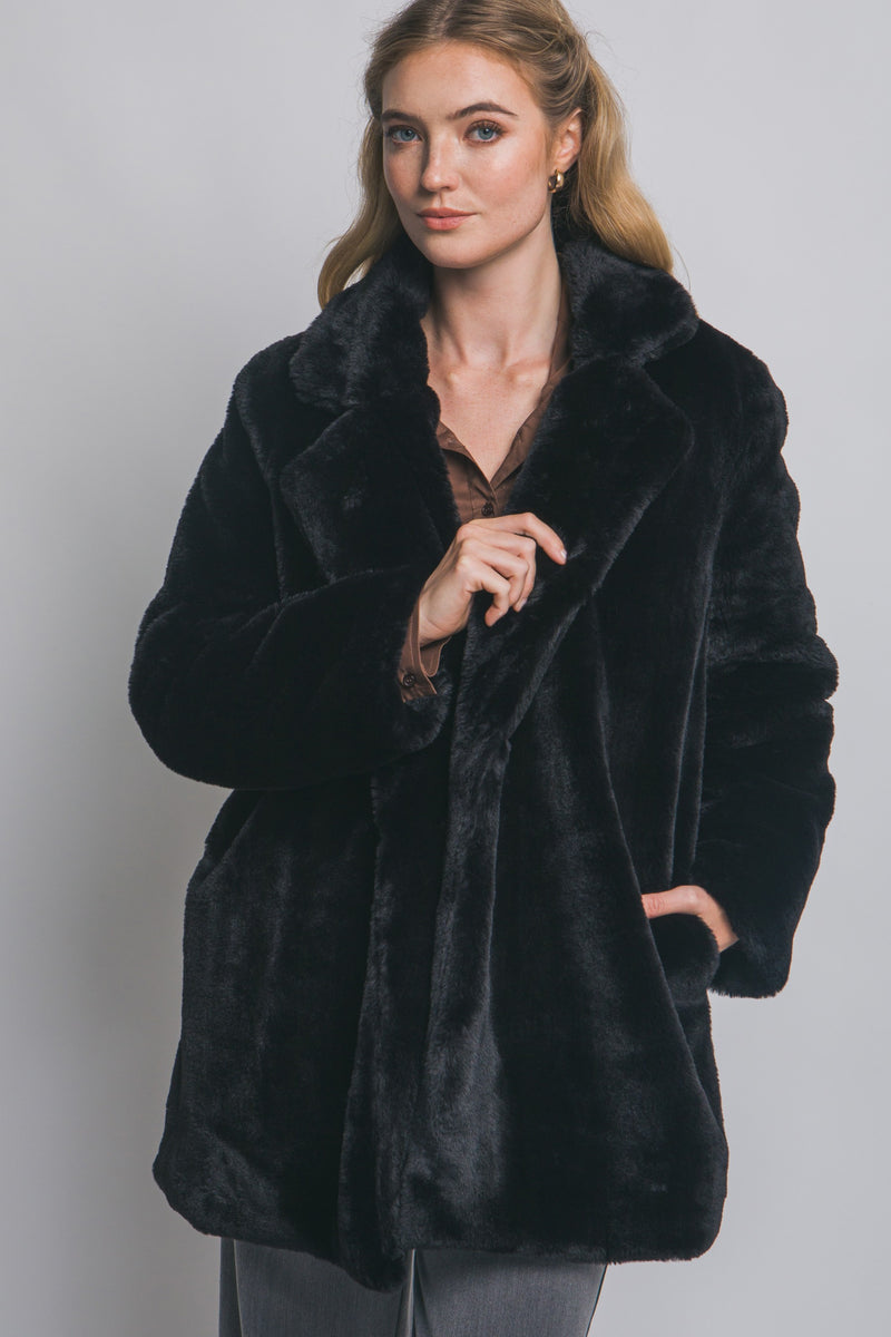 Ayla Faux Fur Collared Long Coat, Black