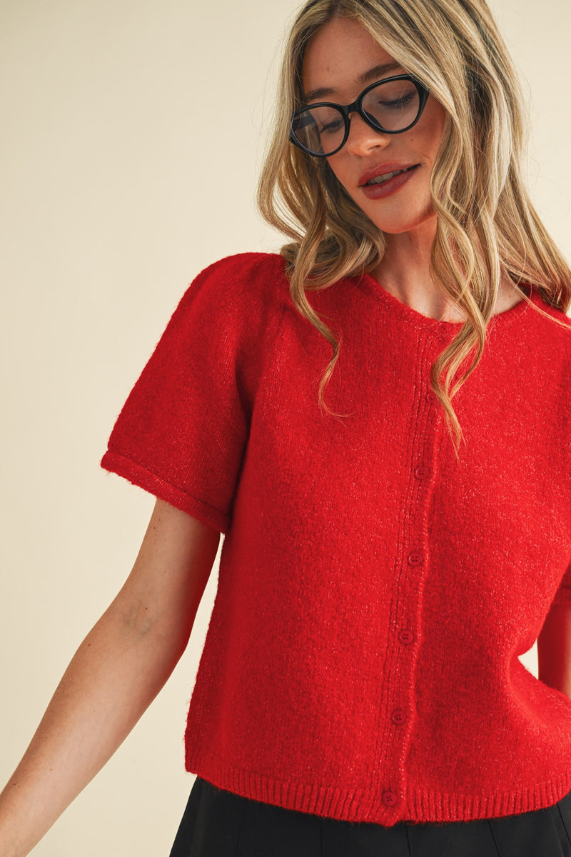 Natalia Puff Short Sleeve Cardigan, Red
