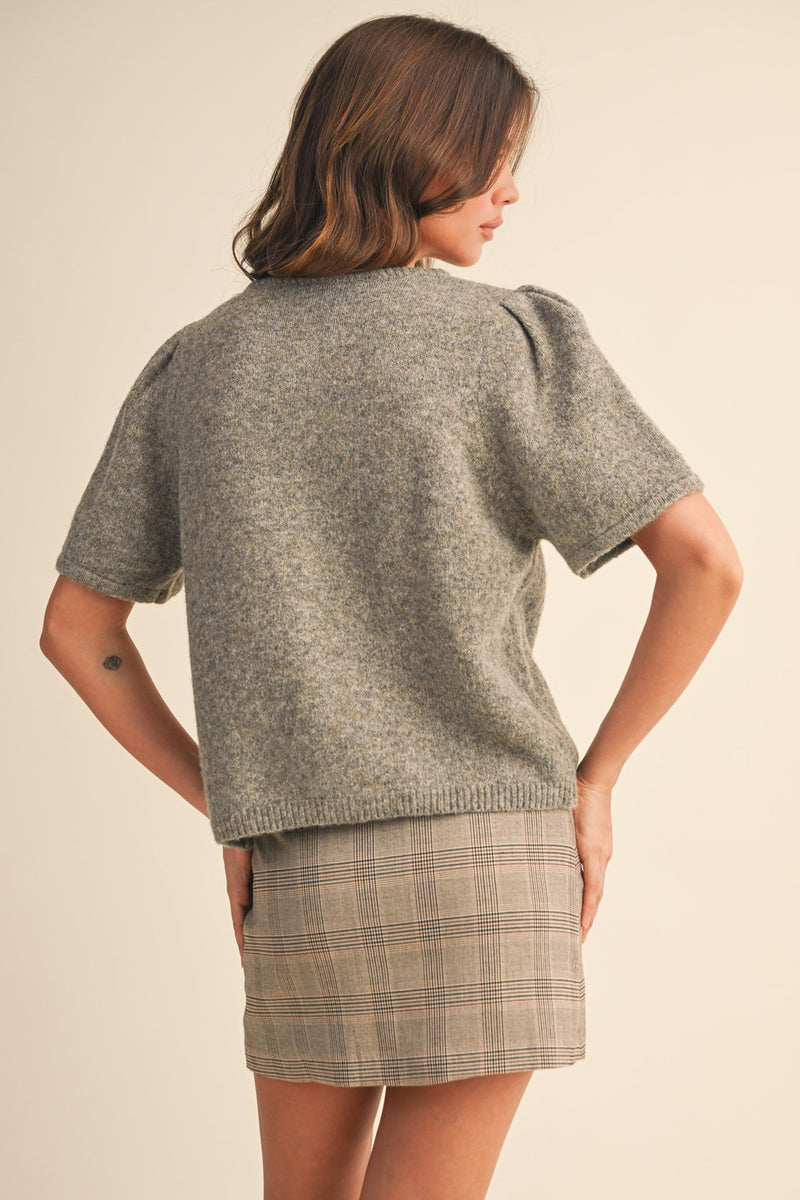 Natalia Puff Short Sleeve Cardigan, Charcoal Mocha