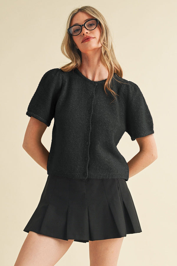Natalia Puff Short Sleeve Cardigan, Black