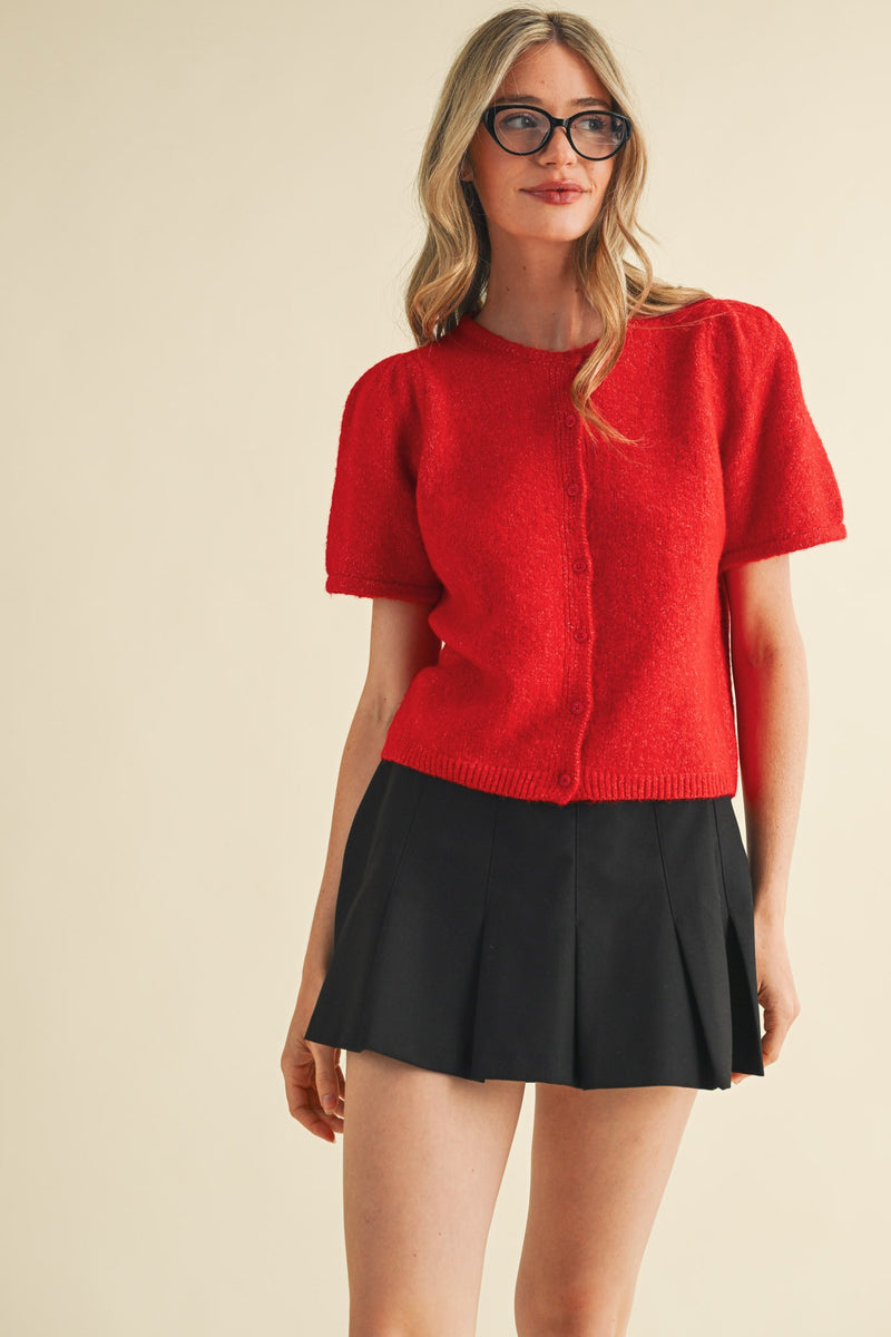 Natalia Puff Short Sleeve Cardigan, Red