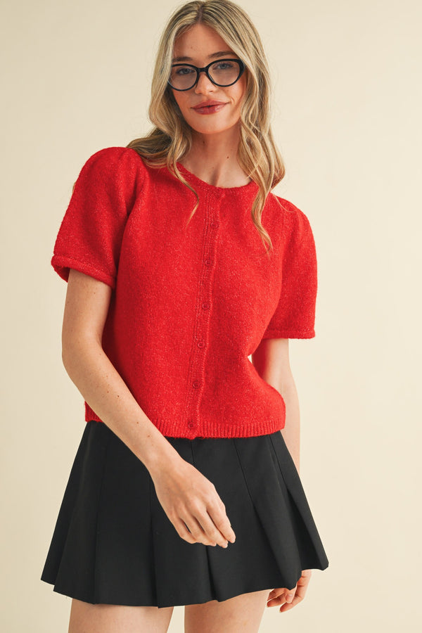 Natalia Puff Short Sleeve Cardigan, Red