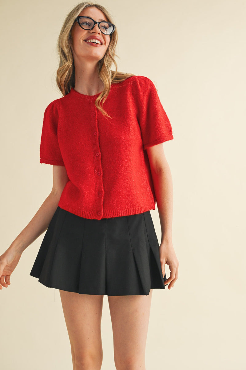 Natalia Puff Short Sleeve Cardigan, Red