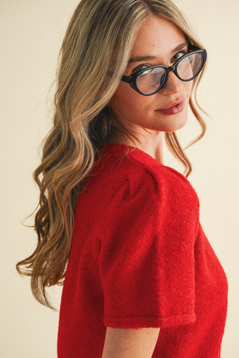 Natalia Puff Short Sleeve Cardigan, Red