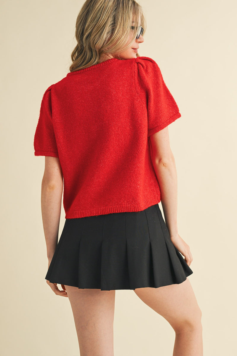 Natalia Puff Short Sleeve Cardigan, Red