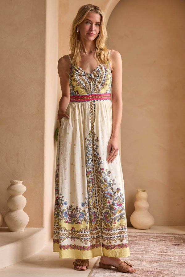 Lisa Border Print Cami Maxi Dress, Yellow Multi
